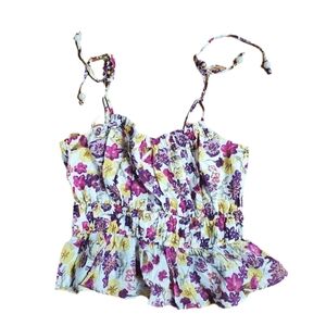 J. Crew Smocked Ruffled Pink and White Crop Tank